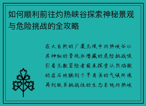 如何顺利前往灼热峡谷探索神秘景观与危险挑战的全攻略